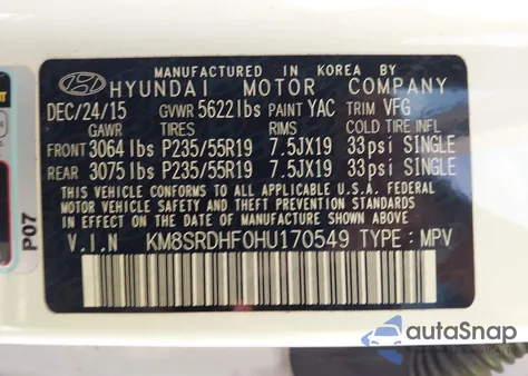 2017 Hyundai Santa Fe Limited Ultimate from USA, damaged, VIN KM8SRDHF0HU170549